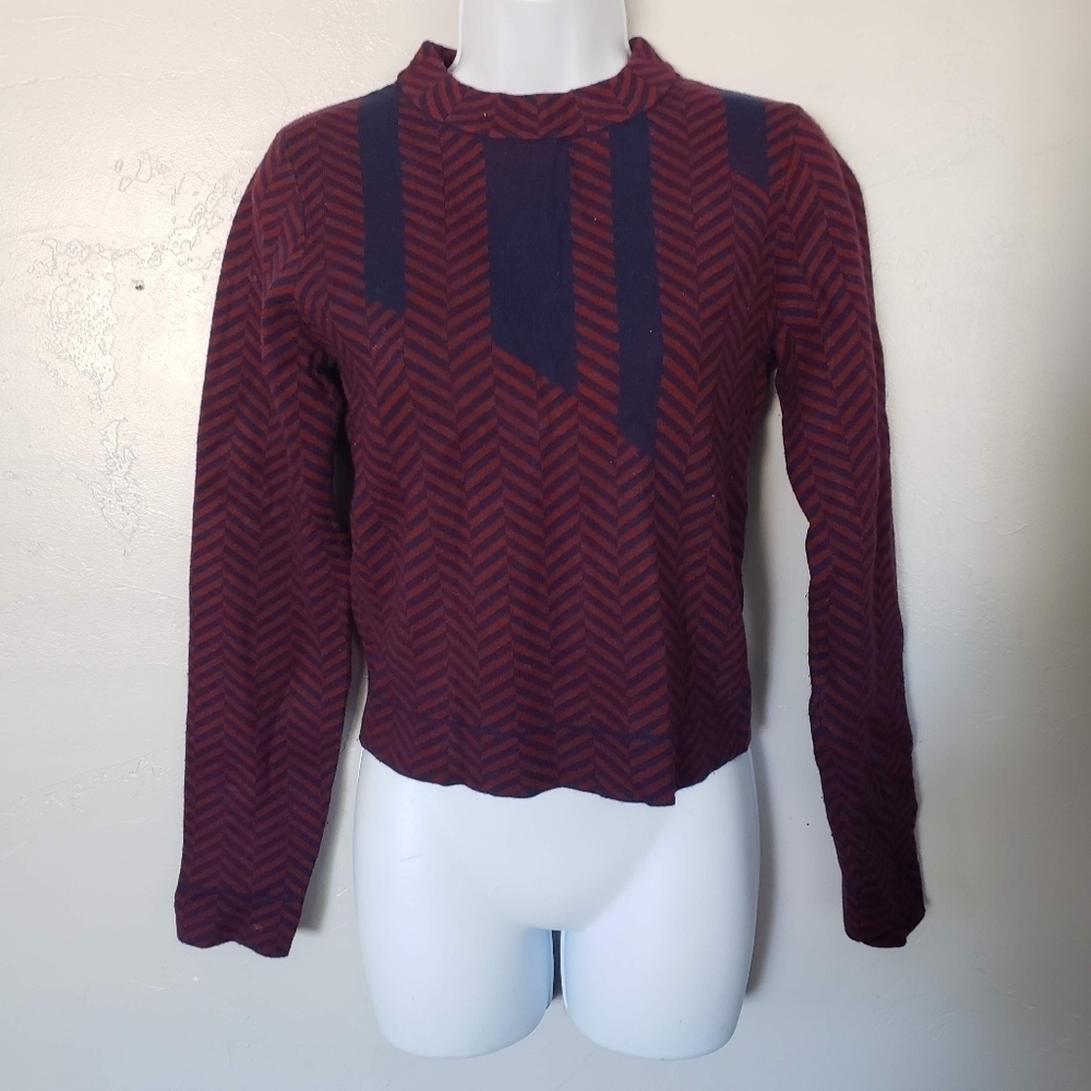 Lucy Paris Women's Medium Burgundy Red Navy Blue Cropped Sweater Mockneck Top